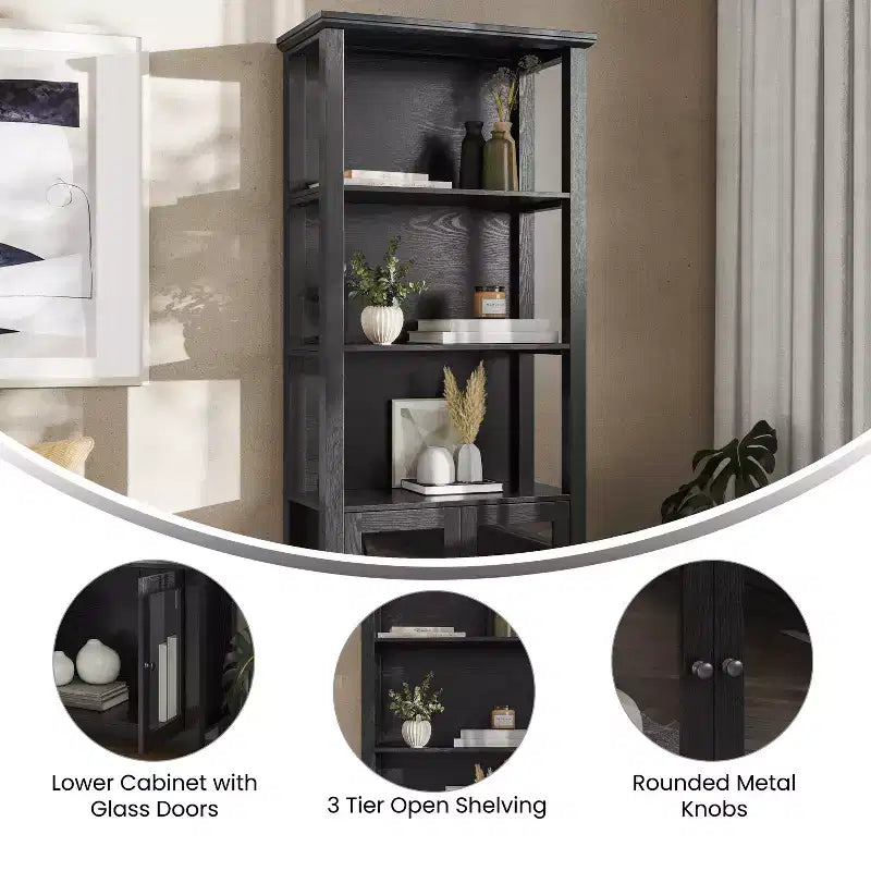 Modern Farmhouse Wooden Bookcase and Storage Cabinet with Tempered Glass Doors and 3 Upper Shelves