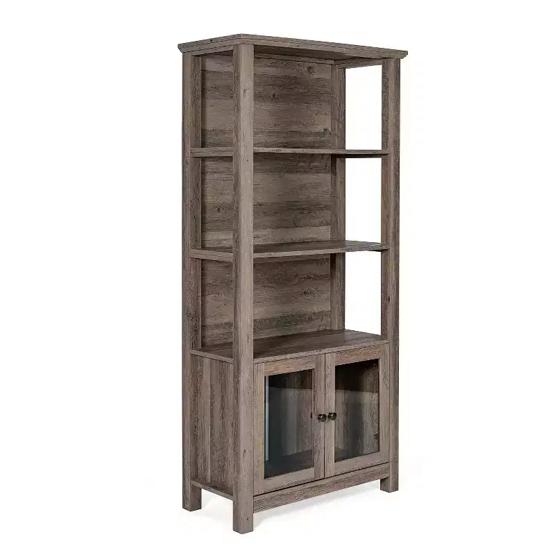 Modern Farmhouse Wooden Bookcase and Storage Cabinet with Tempered Glass Doors and 3 Upper Shelves