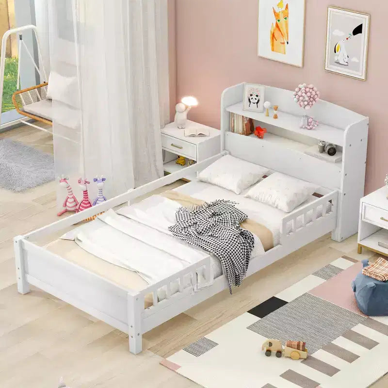 Wood Platform Bed with Built-in LED Lights, Storage Headboard and Guard Rails