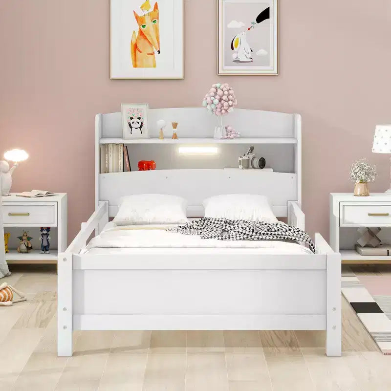 Wood Platform Bed with Built-in LED Lights, Storage Headboard and Guard Rails