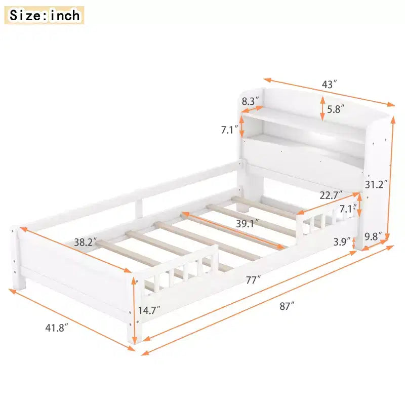 Wood Platform Bed with Built-in LED Lights, Storage Headboard and Guard Rails