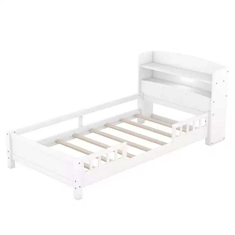 Wood Platform Bed with Built-in LED Lights, Storage Headboard and Guard Rails