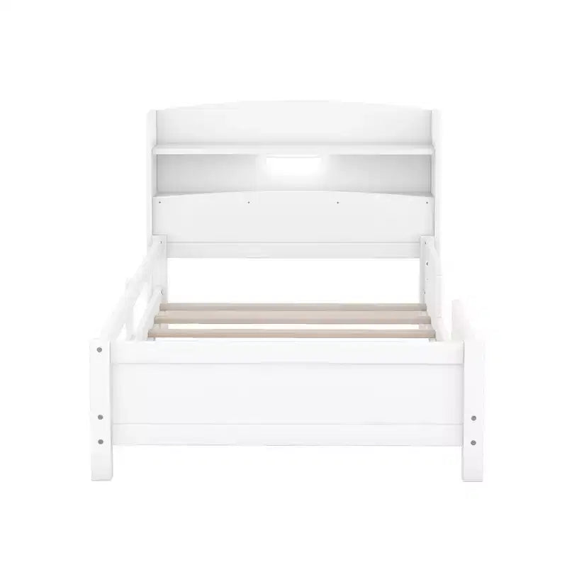 Wood Platform Bed with Built-in LED Lights, Storage Headboard and Guard Rails