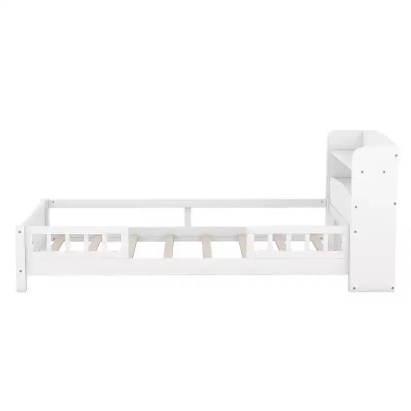 Wood Platform Bed with Built-in LED Lights, Storage Headboard and Guard Rails