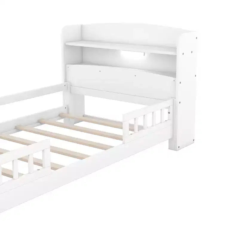 Wood Platform Bed with Built-in LED Lights, Storage Headboard and Guard Rails