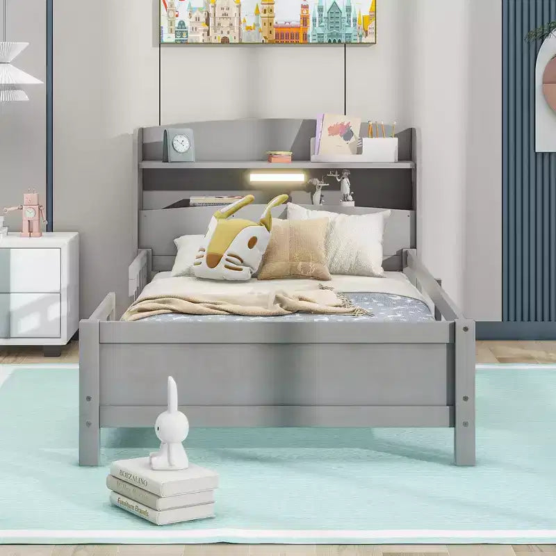 Wood Platform Bed with Built-in LED Lights, Storage Headboard and Guard Rails