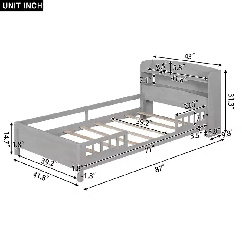 Wood Platform Bed with Built-in LED Lights, Storage Headboard and Guard Rails