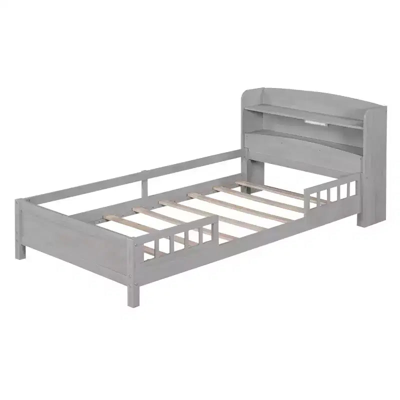 Wood Platform Bed with Built-in LED Lights, Storage Headboard and Guard Rails