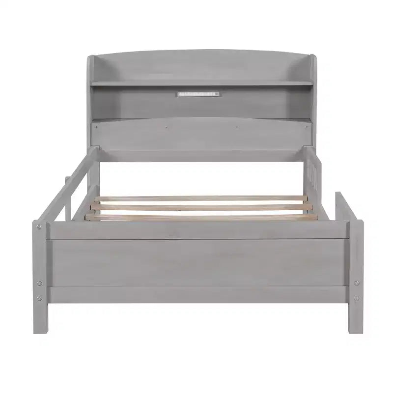 Wood Platform Bed with Built-in LED Lights, Storage Headboard and Guard Rails