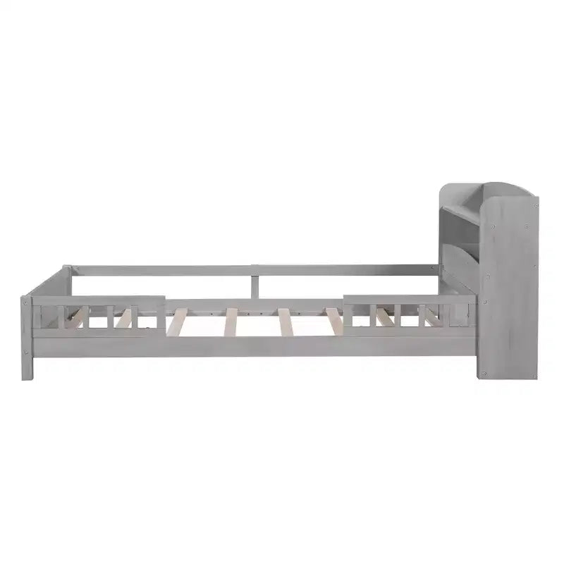 Wood Platform Bed with Built-in LED Lights, Storage Headboard and Guard Rails