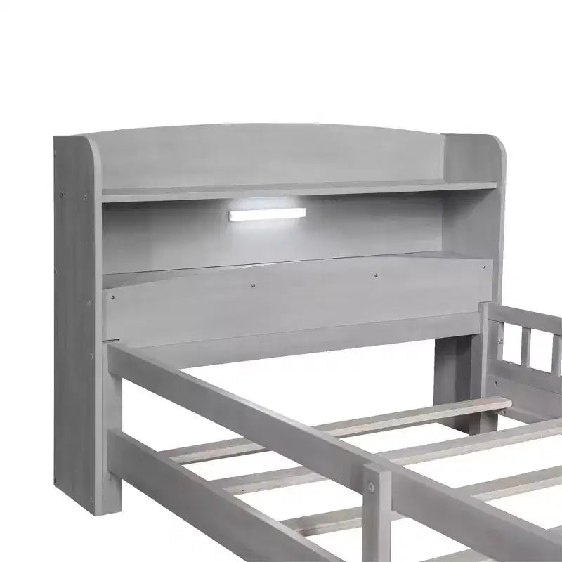 Wood Platform Bed with Built-in LED Lights, Storage Headboard and Guard Rails
