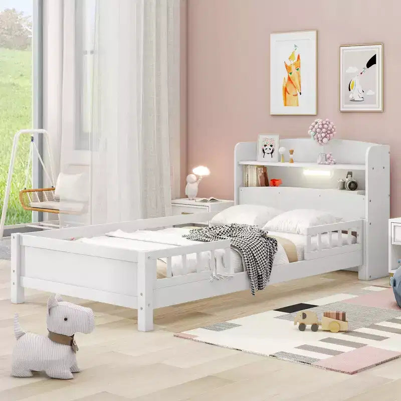 Wood Platform Bed with Built-in LED Lights, Storage Headboard and Guard Rails