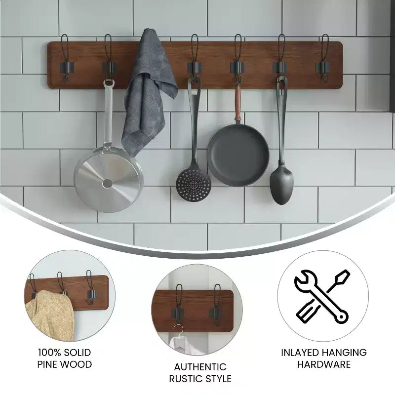 86.4 cm Wall Mount Pine Wood Storage Rack with Hanging Hooks, Entryway, Kitchen, Bathroom