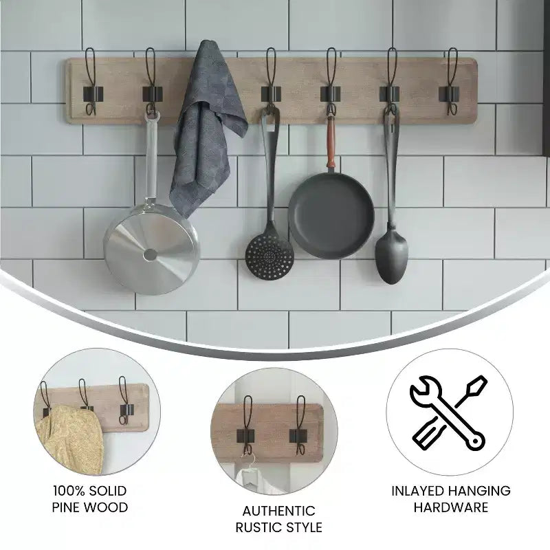 86.4 cm Wall Mount Pine Wood Storage Rack with Hanging Hooks, Entryway, Kitchen, Bathroom