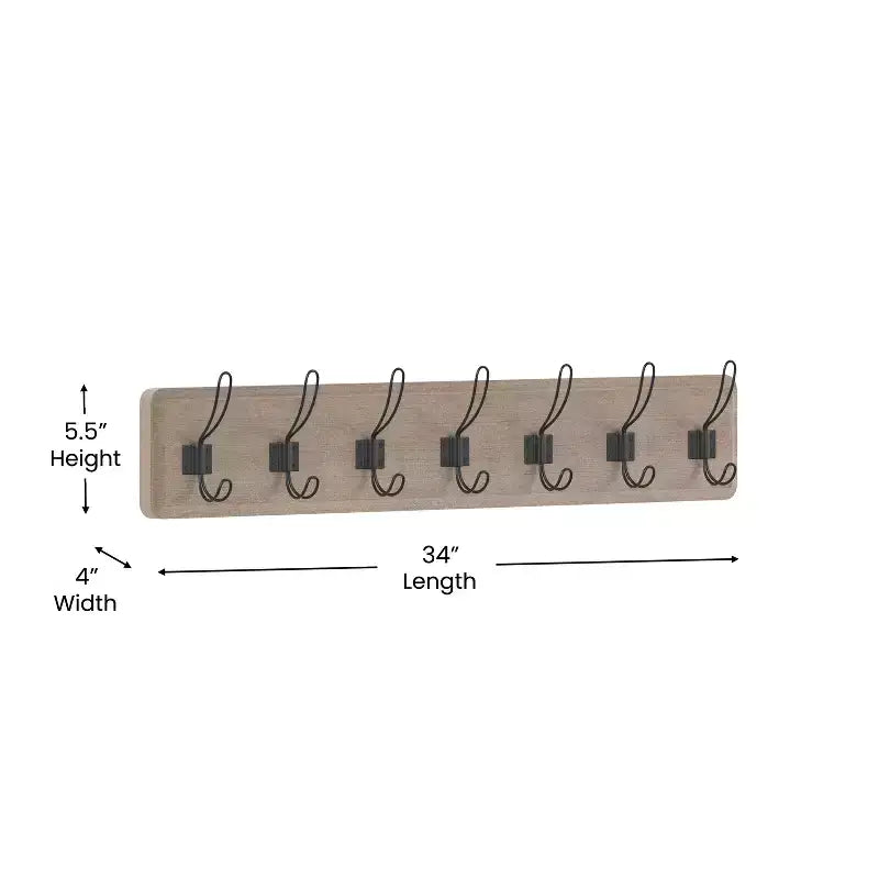 86.4 cm Wall Mount Pine Wood Storage Rack with Hanging Hooks, Entryway, Kitchen, Bathroom