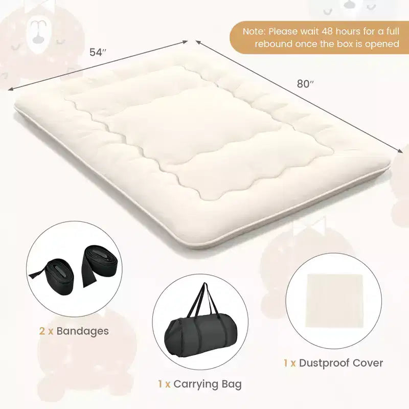 Beige Japanese-Style Floor Futon Mattress, Approx. 97 × 191 / 137 × 191 / 152 × 203 / 193 × 203 cm Options, Washable Cover