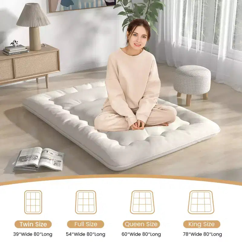 Beige Japanese-Style Floor Futon Mattress, Approx. 97 × 191 / 137 × 191 / 152 × 203 / 193 × 203 cm Options, Washable Cover