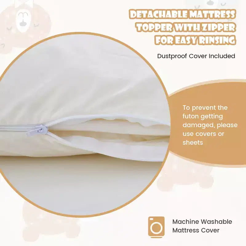 Beige Japanese-Style Floor Futon Mattress, Approx. 97 × 191 / 137 × 191 / 152 × 203 / 193 × 203 cm Options, Washable Cover