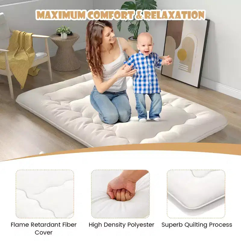 Beige Japanese-Style Floor Futon Mattress, Approx. 97 × 191 / 137 × 191 / 152 × 203 / 193 × 203 cm Options, Washable Cover
