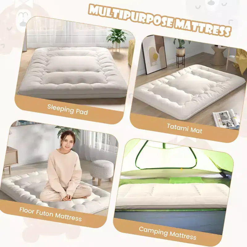 Beige Japanese-Style Floor Futon Mattress, Approx. 97 × 191 / 137 × 191 / 152 × 203 / 193 × 203 cm Options, Washable Cover