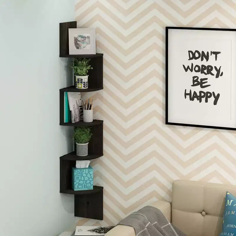 5-Tier Modern Wall Mount Floating Corner Bookshelf Ladder Shelf