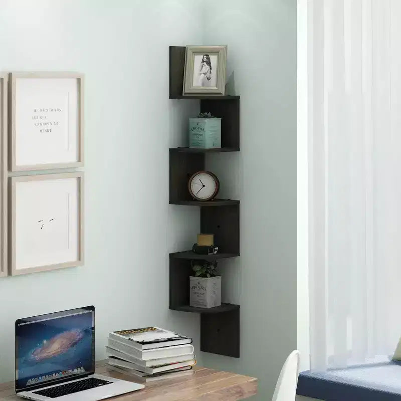 5-Tier Modern Wall Mount Floating Corner Bookshelf Ladder Shelf