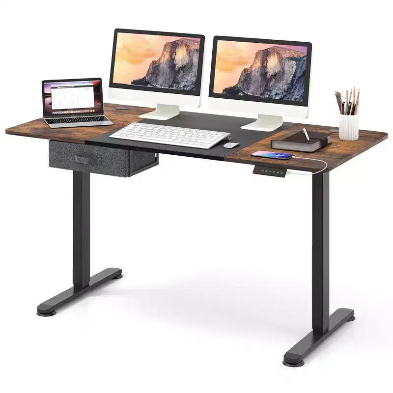 Electric Standing Desk 139.7 cm × 71.1 cm Height Adjustable Sit Stand with USB Charging Port Natural/Black/Grey/Brown/White