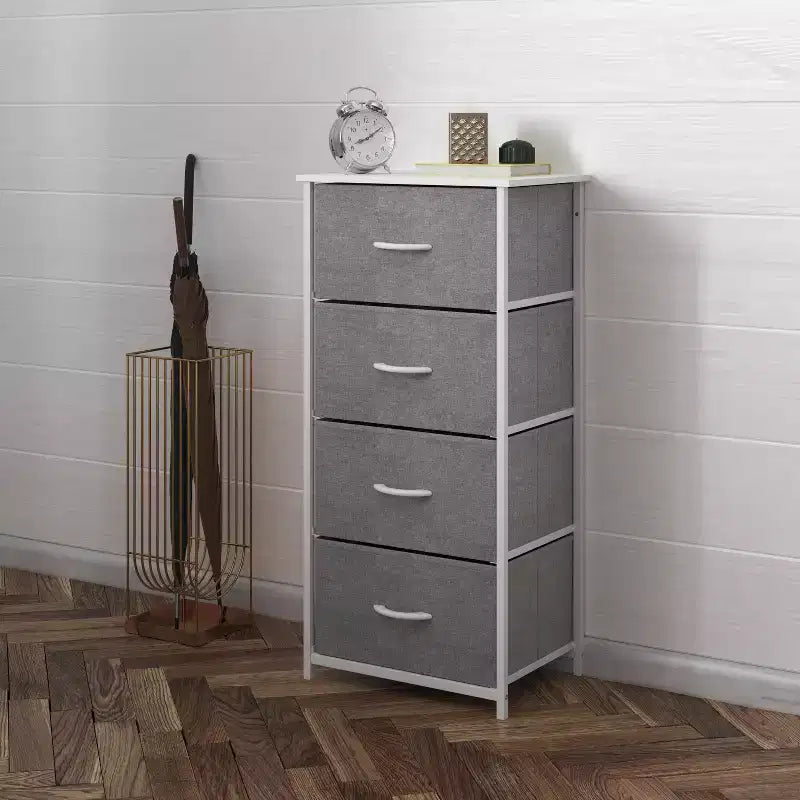 Harris 4 Drawer Vertical Storage Dresser with Cast Iron Frame, Wood Top and Easy Pull Engineered Wood Drawers with Wooden Handles
