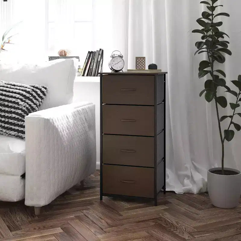 Harris 4 Drawer Vertical Storage Dresser with Cast Iron Frame, Wood Top and Easy Pull Engineered Wood Drawers with Wooden Handles