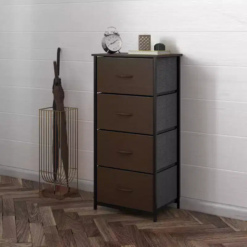 Harris 4 Drawer Vertical Storage Dresser with Cast Iron Frame, Wood Top and Easy Pull Engineered Wood Drawers with Wooden Handles