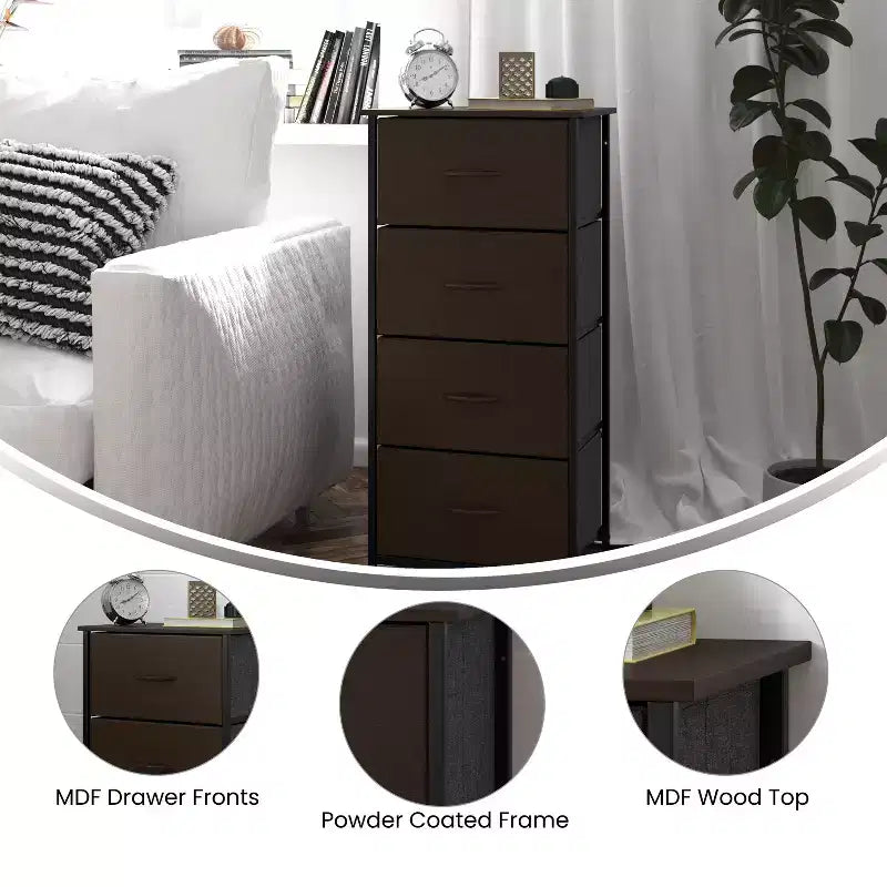Harris 4 Drawer Vertical Storage Dresser with Cast Iron Frame, Wood Top and Easy Pull Engineered Wood Drawers with Wooden Handles