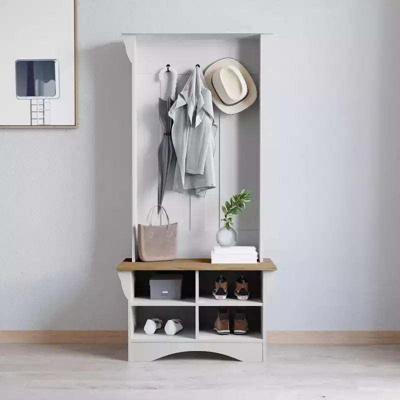 Arbre d'entrée Merrick Lane avec banquette, 3 patères simples et rangement inférieur avec étagères réglables