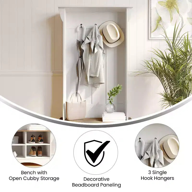 Arbre d'entrée Merrick Lane avec banquette, 3 patères simples et rangement inférieur avec étagères réglables