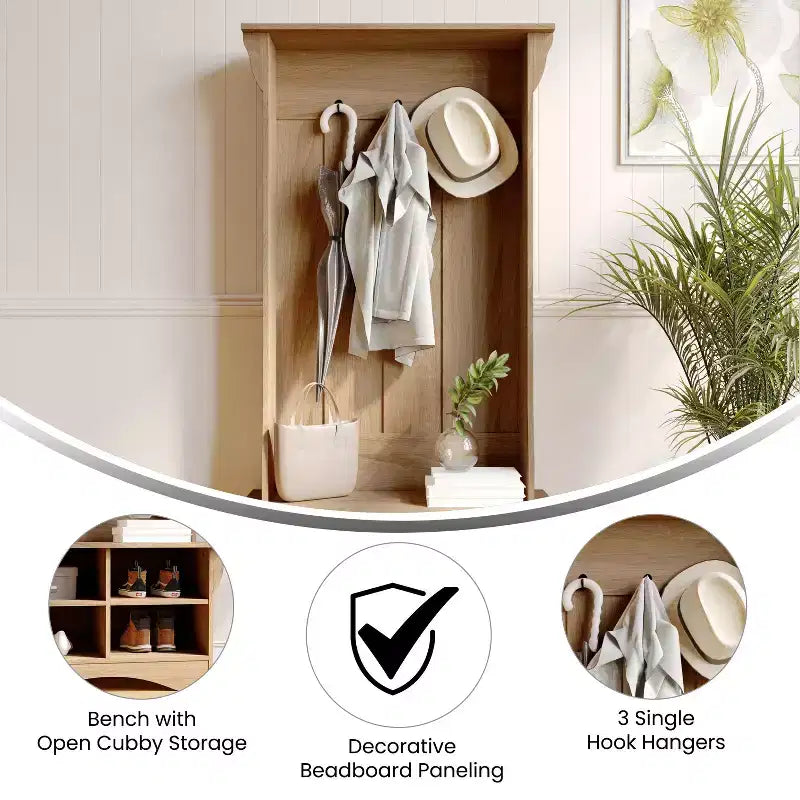 Arbre d'entrée Merrick Lane avec banquette, 3 patères simples et rangement inférieur avec étagères réglables