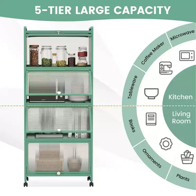Meuble de cuisine à 5 niveaux Costway avec étagère de rangement, chariot à micro-ondes mobile et portes relevables (blanc/noir/gris/vert)