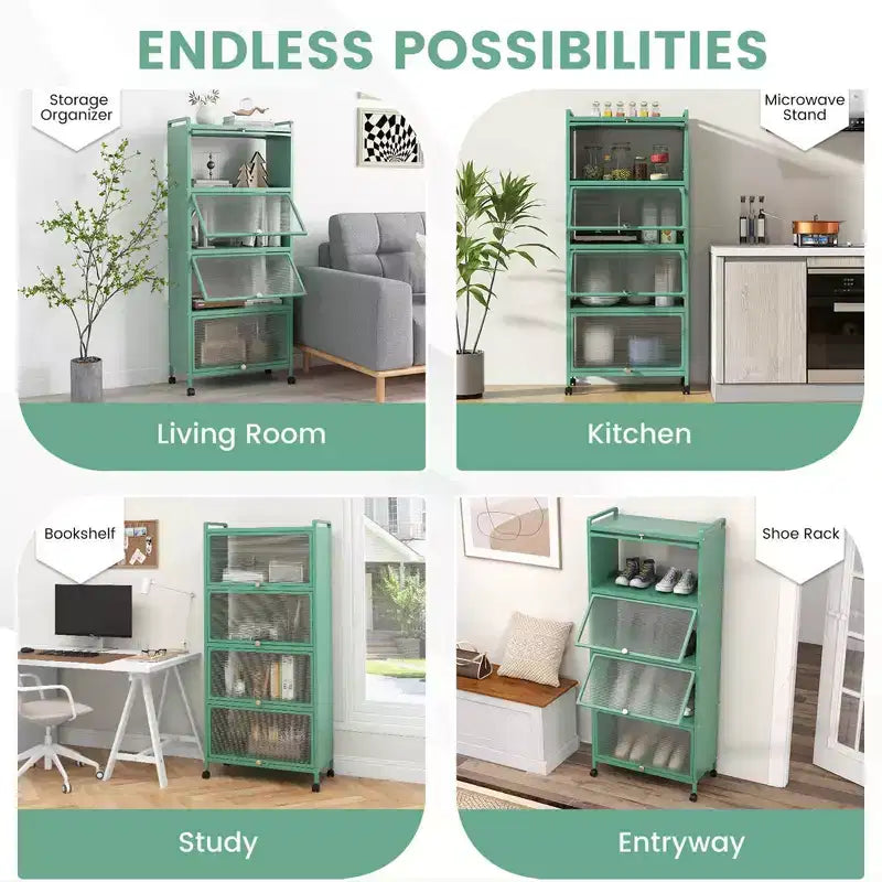 Meuble de cuisine à 5 niveaux Costway avec étagère de rangement, chariot à micro-ondes mobile et portes relevables (blanc/noir/gris/vert)