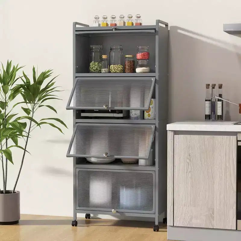 Meuble de cuisine à 5 niveaux Costway avec étagère de rangement, chariot à micro-ondes mobile et portes relevables (blanc/noir/gris/vert)
