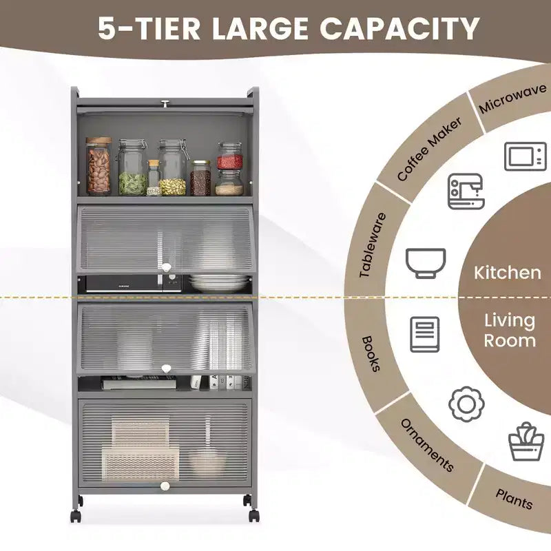 Meuble de cuisine à 5 niveaux Costway avec étagère de rangement, chariot à micro-ondes mobile et portes relevables (blanc/noir/gris/vert)