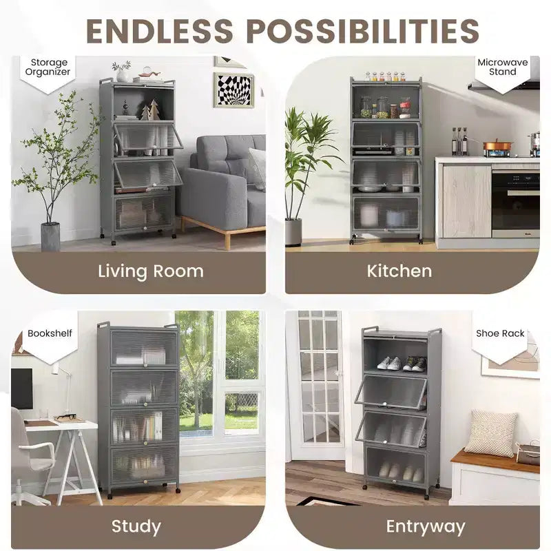 Meuble de cuisine à 5 niveaux Costway avec étagère de rangement, chariot à micro-ondes mobile et portes relevables (blanc/noir/gris/vert)