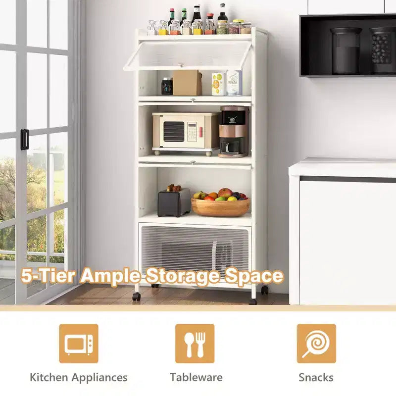 Meuble de cuisine à 5 niveaux Costway avec étagère de rangement, chariot à micro-ondes mobile et portes relevables (blanc/noir/gris/vert)