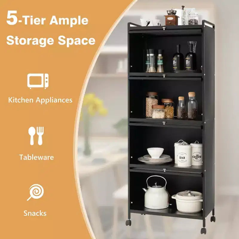 Meuble de cuisine à 5 niveaux Costway avec étagère de rangement, chariot à micro-ondes mobile et portes relevables (blanc/noir/gris/vert)