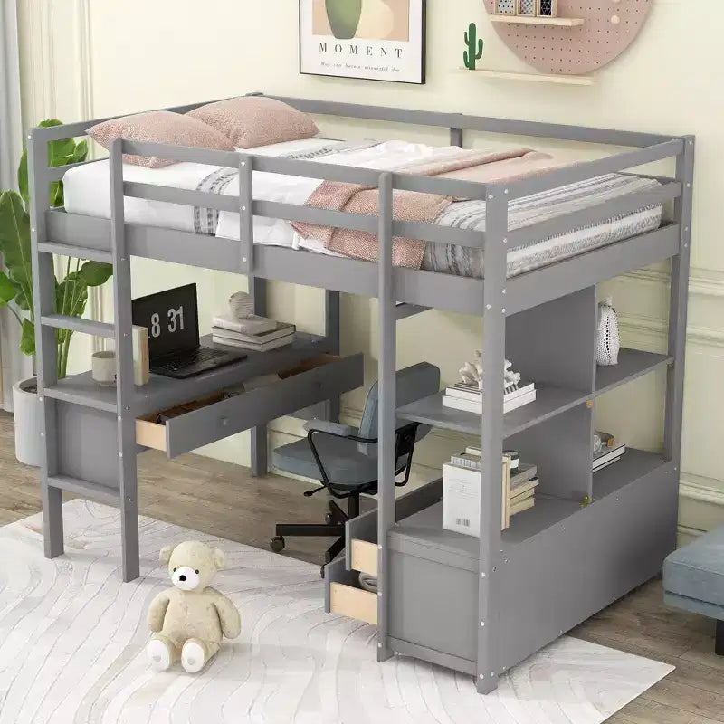 Lit mezzanine avec bureau intégré, étagères de rangement et tiroirs - ModernLuxe
