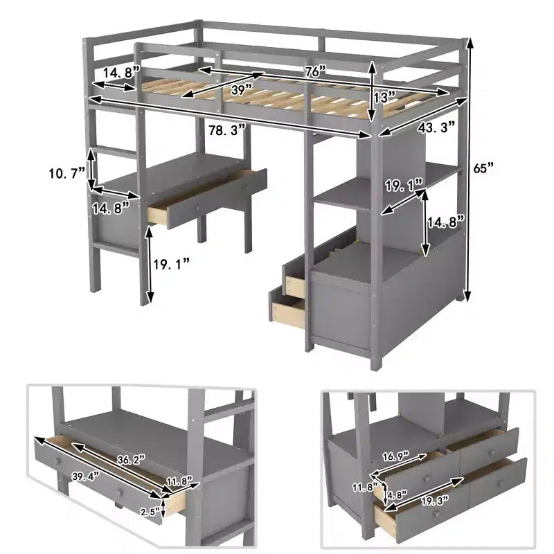 Lit mezzanine avec bureau intégré, étagères de rangement et tiroirs - ModernLuxe