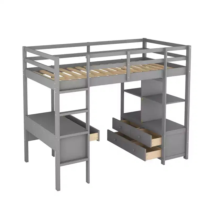 Lit mezzanine avec bureau intégré, étagères de rangement et tiroirs - ModernLuxe