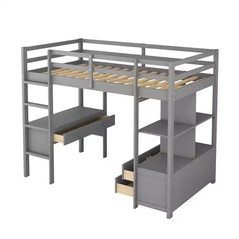 Lit mezzanine avec bureau intégré, étagères de rangement et tiroirs - ModernLuxe