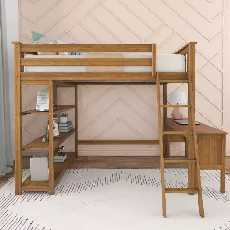 Lit superposé surélevé pleine grandeur Max & Lily avec bureau, échelle et bibliothèque, cadre en bois massif, gain de place, capacité de poids de 181 kg, montage facile