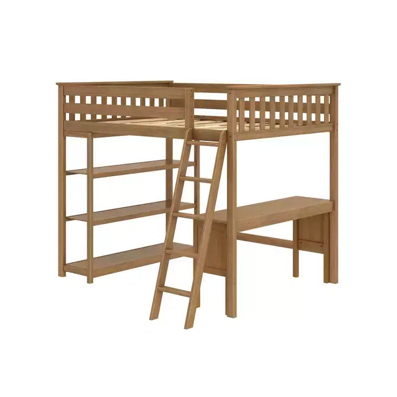 Lit superposé surélevé pleine grandeur Max & Lily avec bureau, échelle et bibliothèque, cadre en bois massif, gain de place, capacité de poids de 181 kg, montage facile