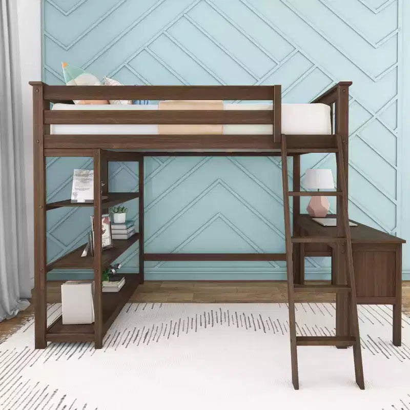 Lit superposé surélevé pleine grandeur Max & Lily avec bureau, échelle et bibliothèque, cadre en bois massif, gain de place, capacité de poids de 181 kg, montage facile