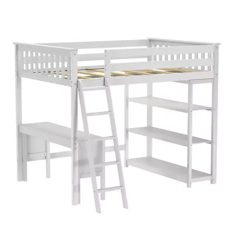 Lit superposé surélevé pleine grandeur Max & Lily avec bureau, échelle et bibliothèque, cadre en bois massif, gain de place, capacité de poids de 181 kg, montage facile
