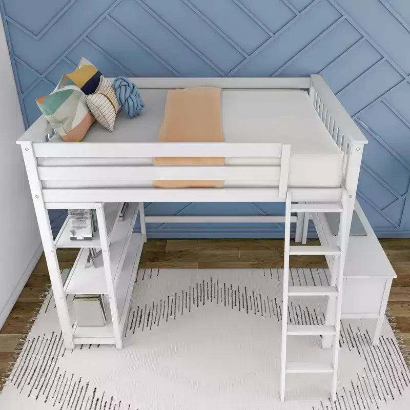 Lit superposé surélevé pleine grandeur Max & Lily avec bureau, échelle et bibliothèque, cadre en bois massif, gain de place, capacité de poids de 181 kg, montage facile